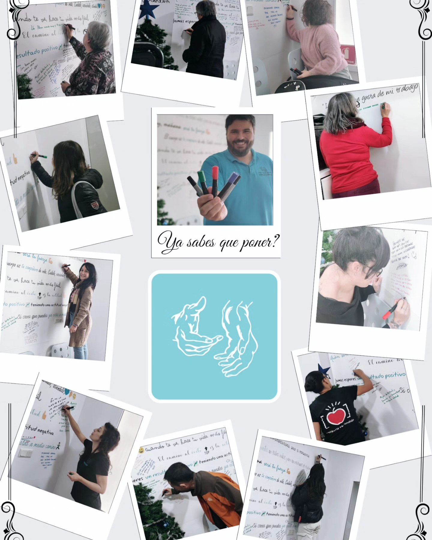 Collage de pacientes escribiendo sus mensajes en la pared de la clínica
